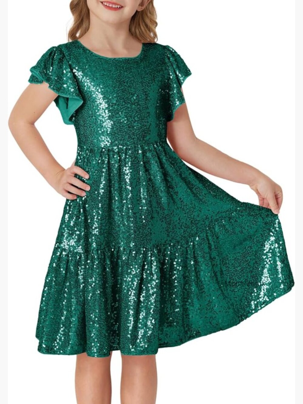 Girls Sequin Ruffle Sleeve A-Line Party Dress